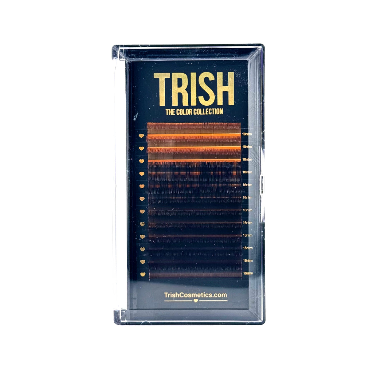 Front view of Brown Series Lash Tray – CC curl .05 brown color lashes in 14–18mm lengths from Trish Co Front view of Brown Series Lash Tray – CC curl .05 brown color lashes in 14–18mm lengths from Trish Co