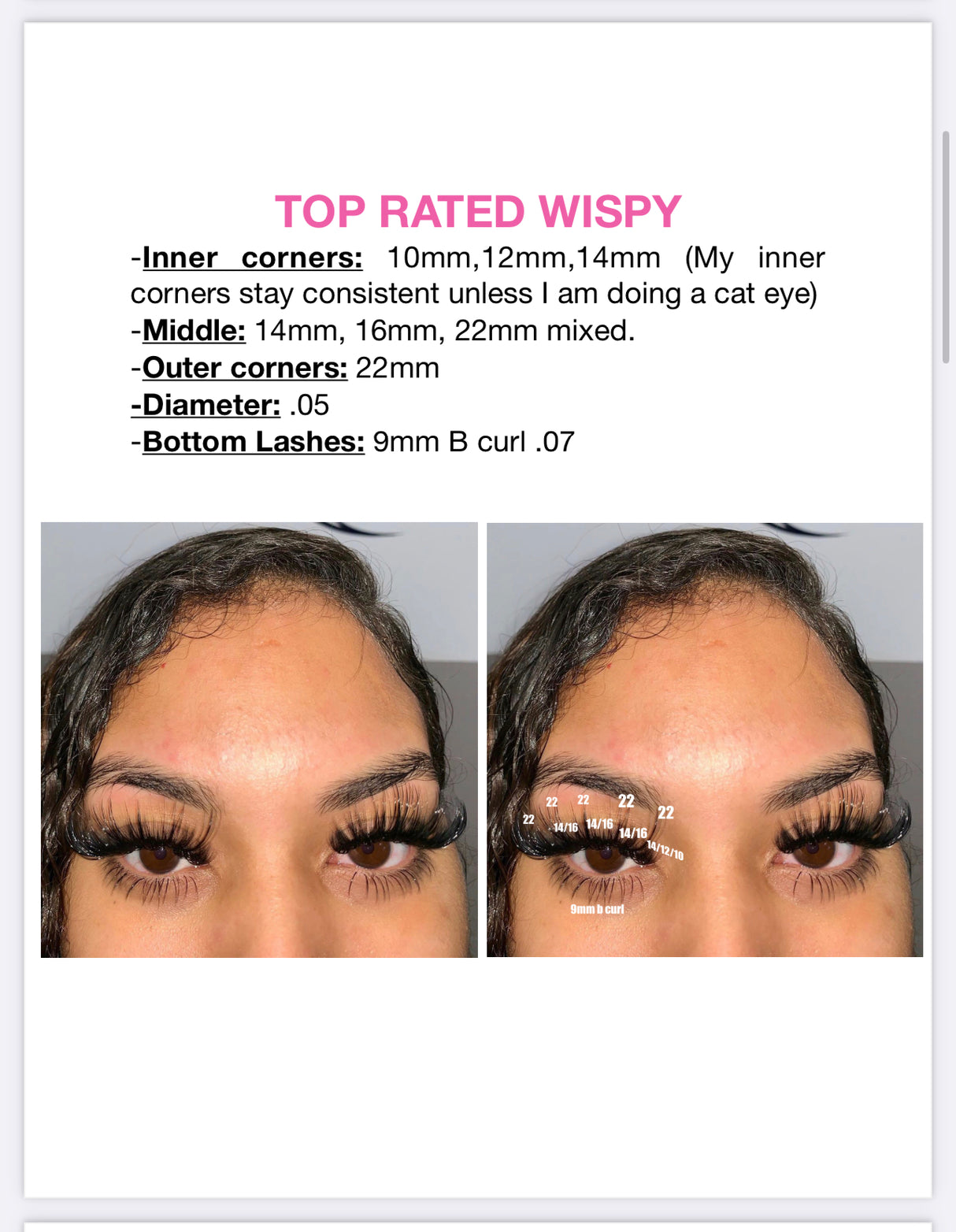 Lash map screenshot – client eye with detailed lash lengths and curl breakdown for styling reference Lash map screenshot – client eye with detailed lash lengths and curl breakdown for styling reference