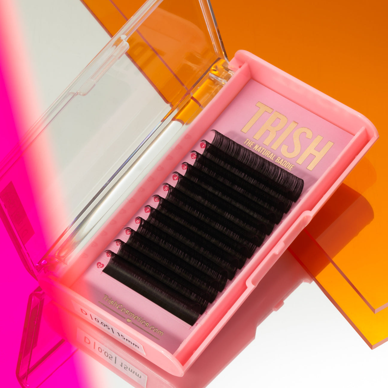 Front view of OG Pink Lash Tray – matte black CC Curl lashes in sleek pink Trish Co packaging