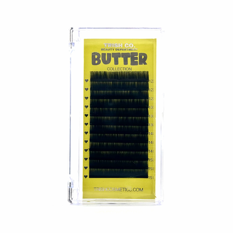 Front view of BUTTER Lash Tray – matte black volume lashes in sleek Trish Co packaging