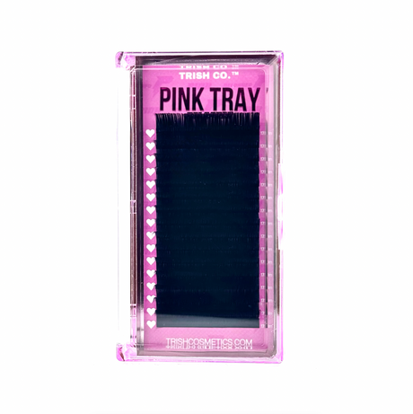 Front view of Reloaded Pink Lash Tray – ultra-fluffy matte black CC Curl lashes in signature Trish Co packaging