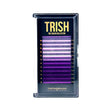 Front view of Purple Series Lash Tray – CC curl .05 lashes in 14–18mm single lengths with shades of purple by Trish Co