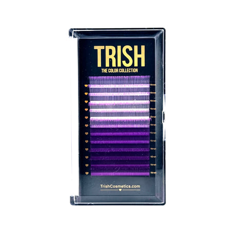 Front view of Purple Series Lash Tray – CC curl .05 lashes in 14–18mm single lengths with shades of purple by Trish Co