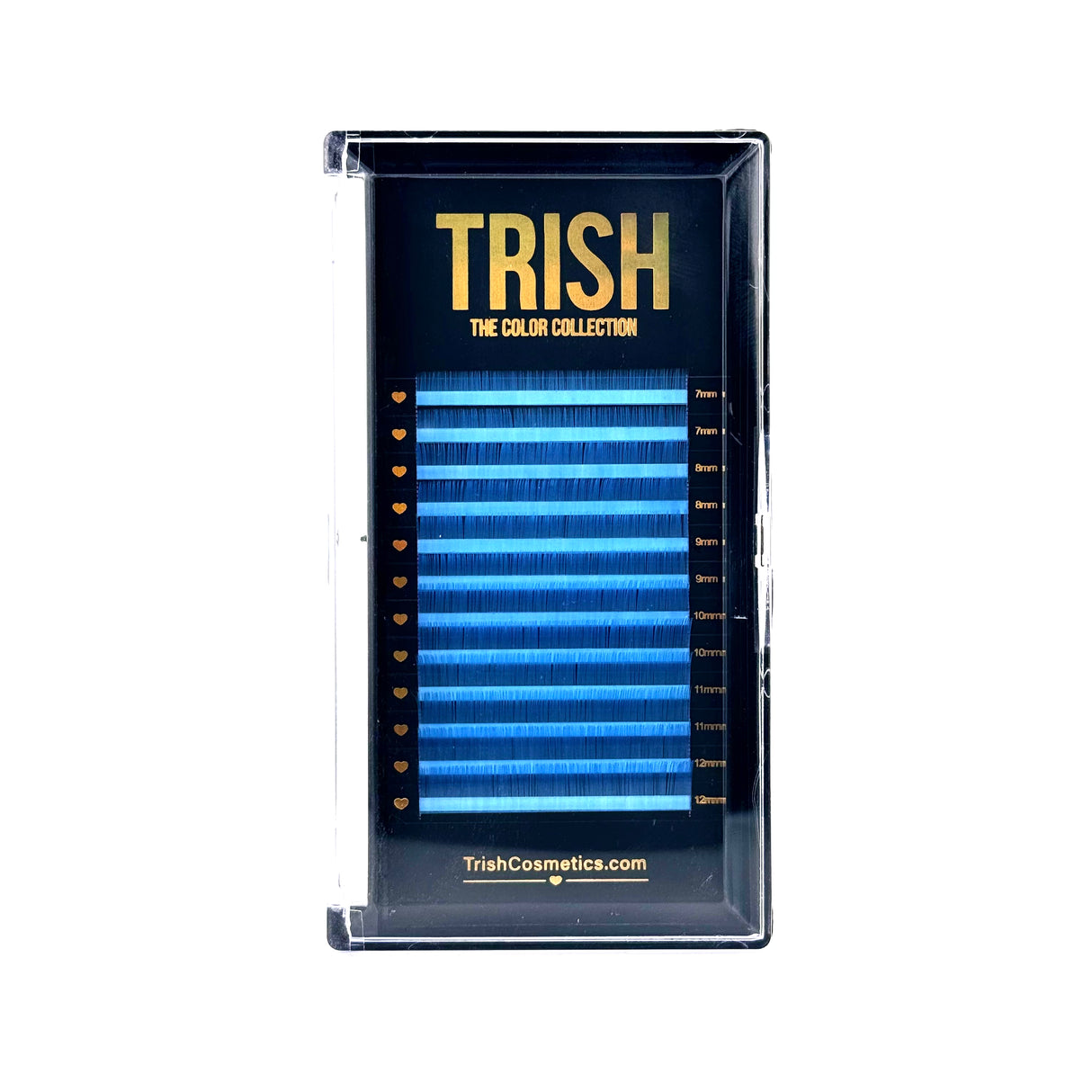 Front view of blue bottom lash tray – J curl .05 mix 7–12mm lengths from Trish Co