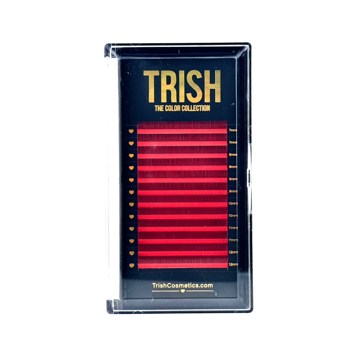Front view of red bottom lash tray – J curl .05 mix 7–12mm from Trish Co