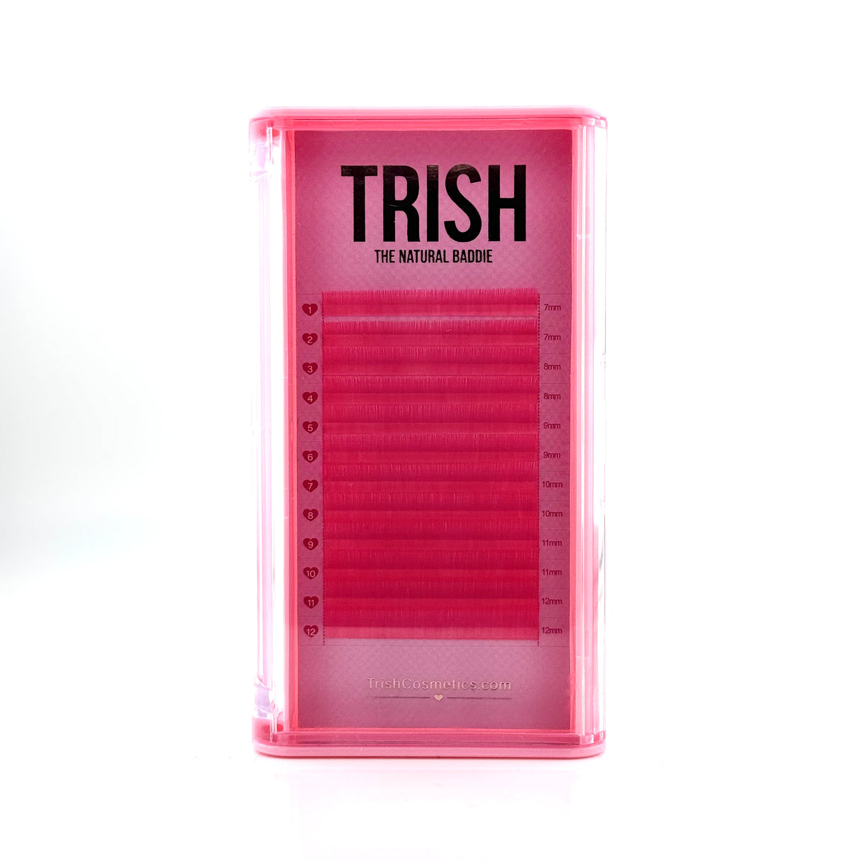 Front view of pink bottom lash tray – J curl .05 in 7–12mm mixed lengths by Trish Co