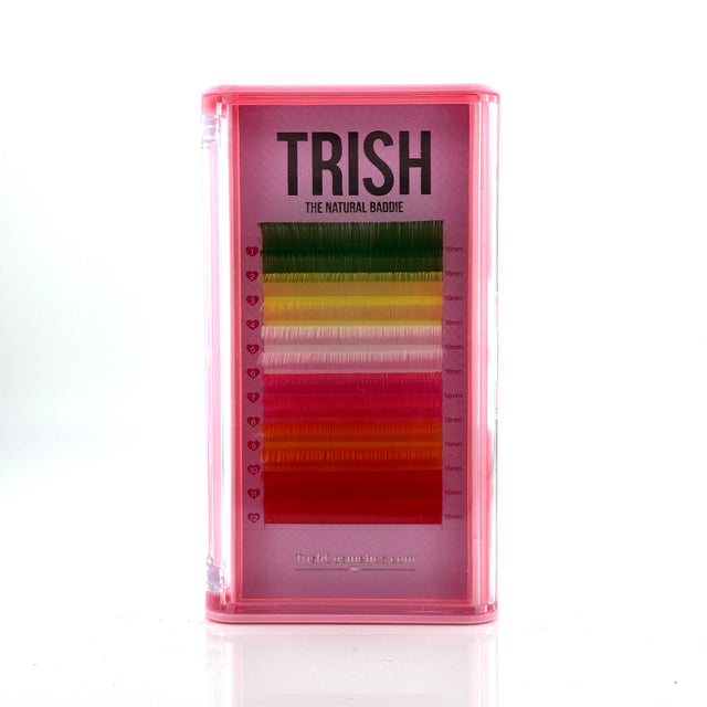 Front view of Holiday Color Lash Tray – CC curl .05 lashes in 14–18mm multi-color set including red, orange, pink, green, and yellow