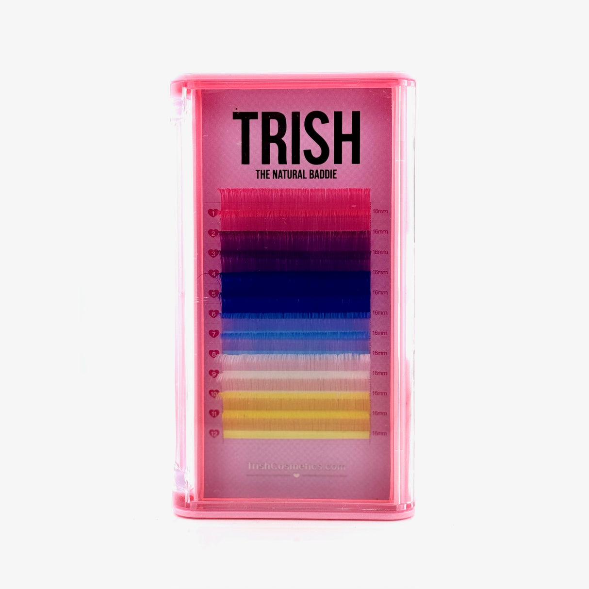 Front view of OG Color Lash Tray with CC curl .05 lashes in white, pink, purple, blue, sky blue, and yellow – 14–18mm lengths