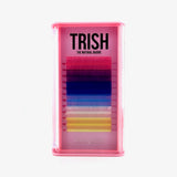 Front view of OG Color Lash Tray with CC curl .05 lashes in white, pink, purple, blue, sky blue, and yellow – 14–18mm lengths