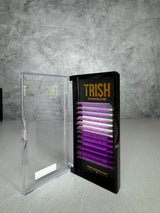 Purple lash tray featuring CC curl .05 extensions in 14–18mm lengths – various purple tones by Trish Co