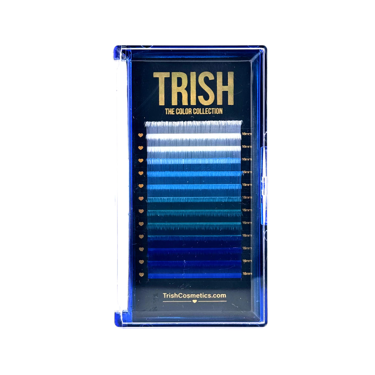 Front view of Blue Series Lash Tray – CC curl .05 in single lengths 14–18mm blue color lashes from Trish Co