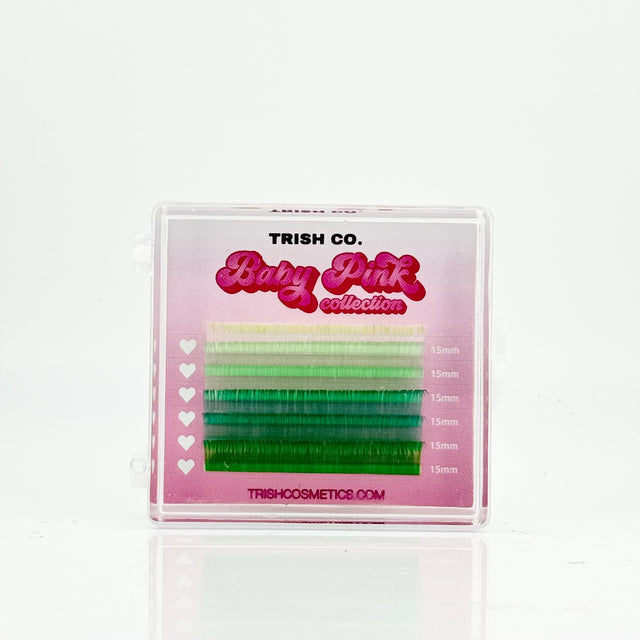 6-row tray of green .05 CC curl lash extensions – Baby Pink Color Collection from Trish Co