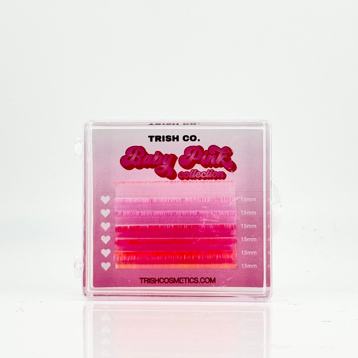 6-row tray of pink .05 CC curl lash extensions – Baby Pink Color Collection from Trish Co