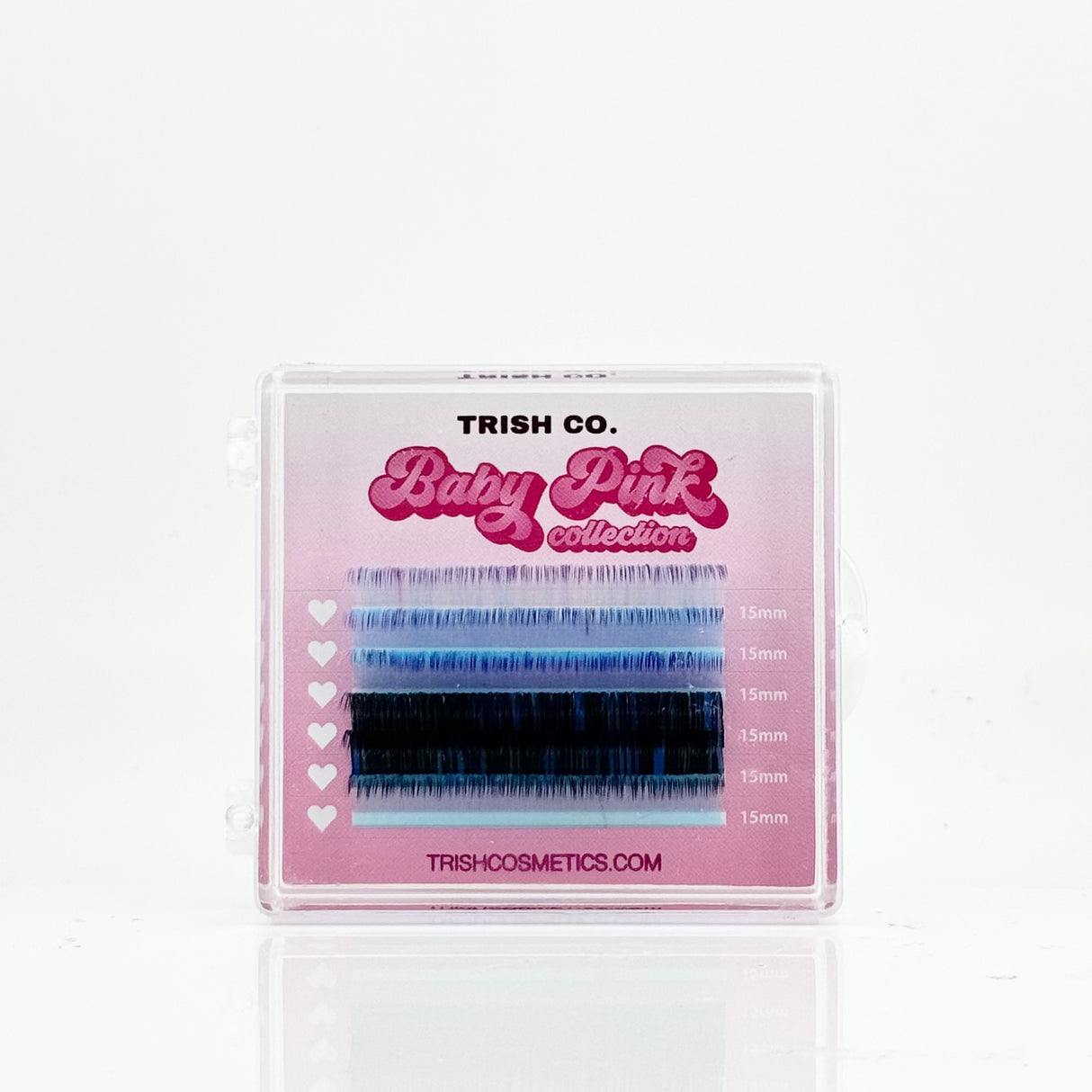 6-row tray of blue .05 CC curl lash extensions – Baby Pink Color Collection from Trish Co