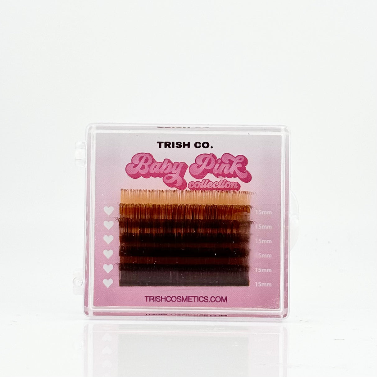 6-row tray of brown .05 CC curl lash extensions – Baby Pink Color Collection from Trish Co