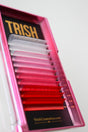 Pink Series Lash Tray – 12-row CC curl .05 lashes in white, pink, and red shades, single lengths 14–18mm from Trish Co