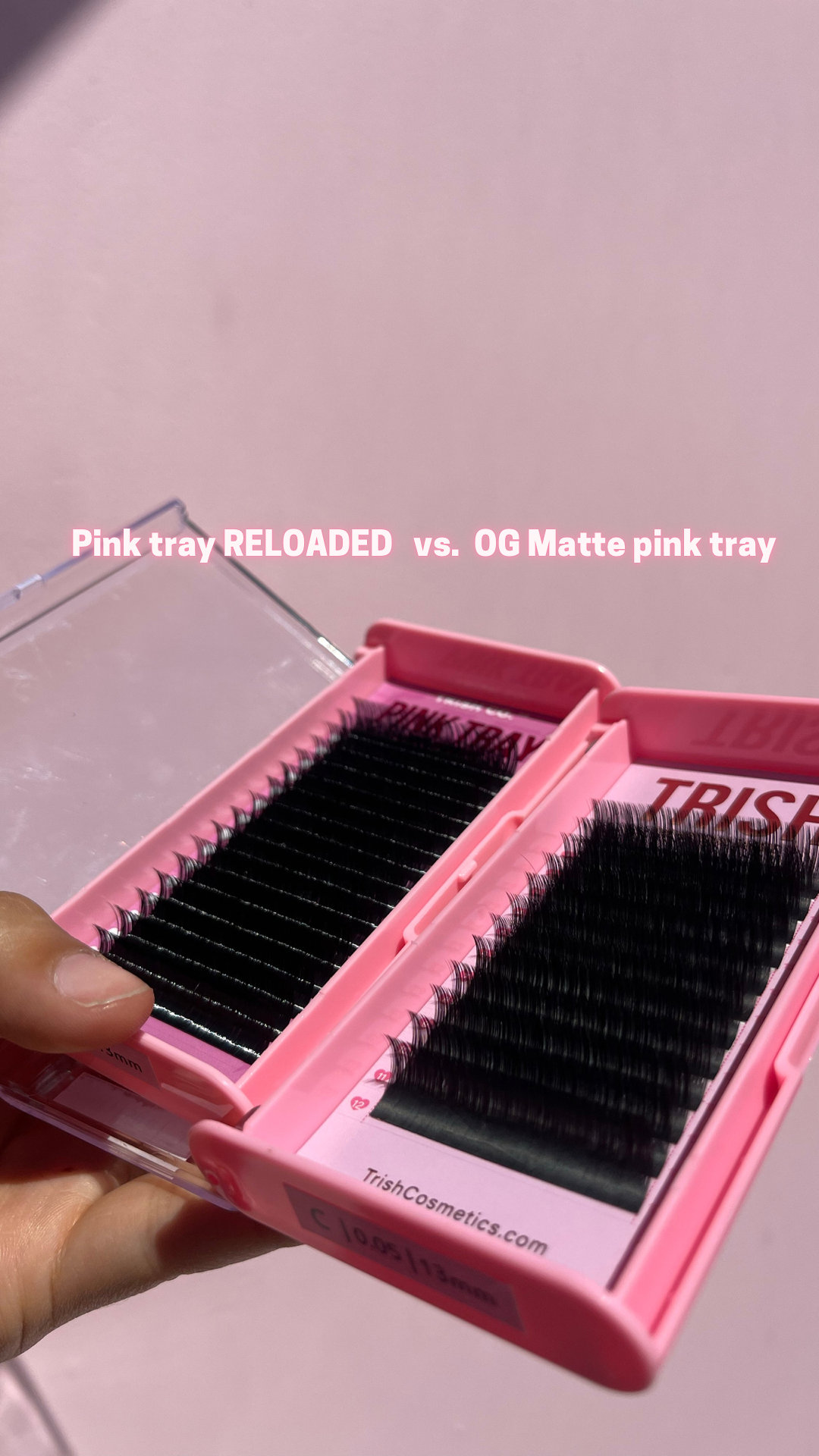 Side-by-side comparison of OG Pink Tray and RELOADED Pink Tray showing packaging and lash design differences