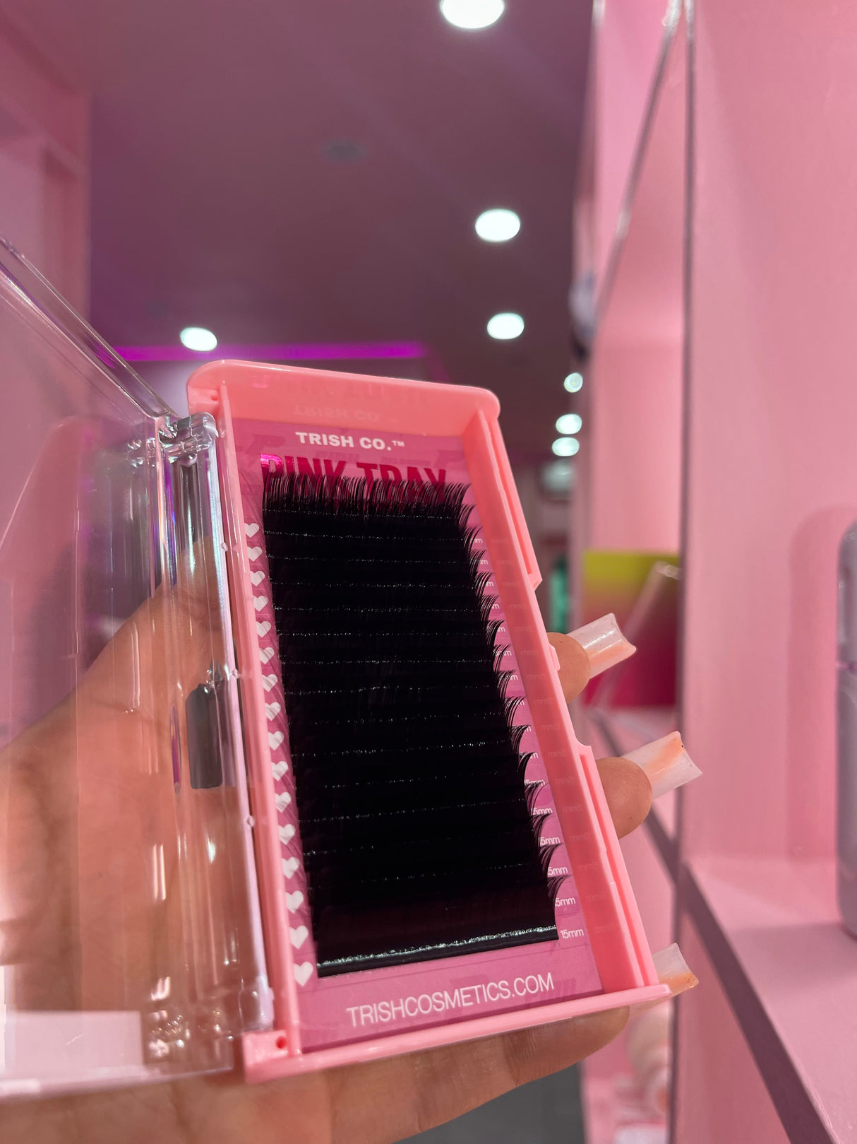 Close-up front angle of D Curl Pink Trays RELOADED – soft, ultra-dark volume lashes by Trish Co